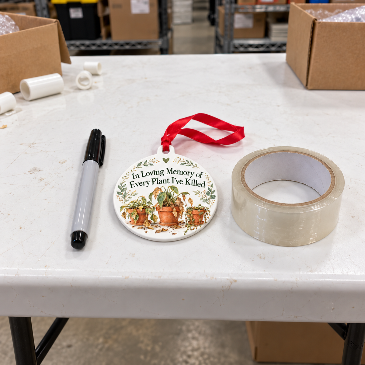 In Loving Memory of Every Plant I've Killed Ornament – Funny Houseplant Gift shown at realistic 4-inch size on a thick white folding warehouse work table
