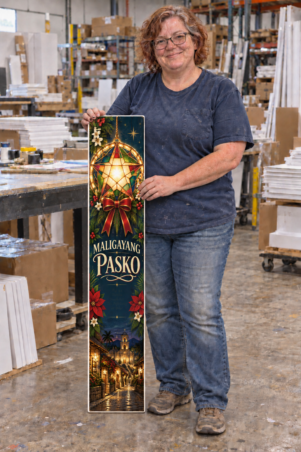 Maligayang Pasko Filipino Christmas porch board — warehouse worker holding board, corrected design without secondary paragraph