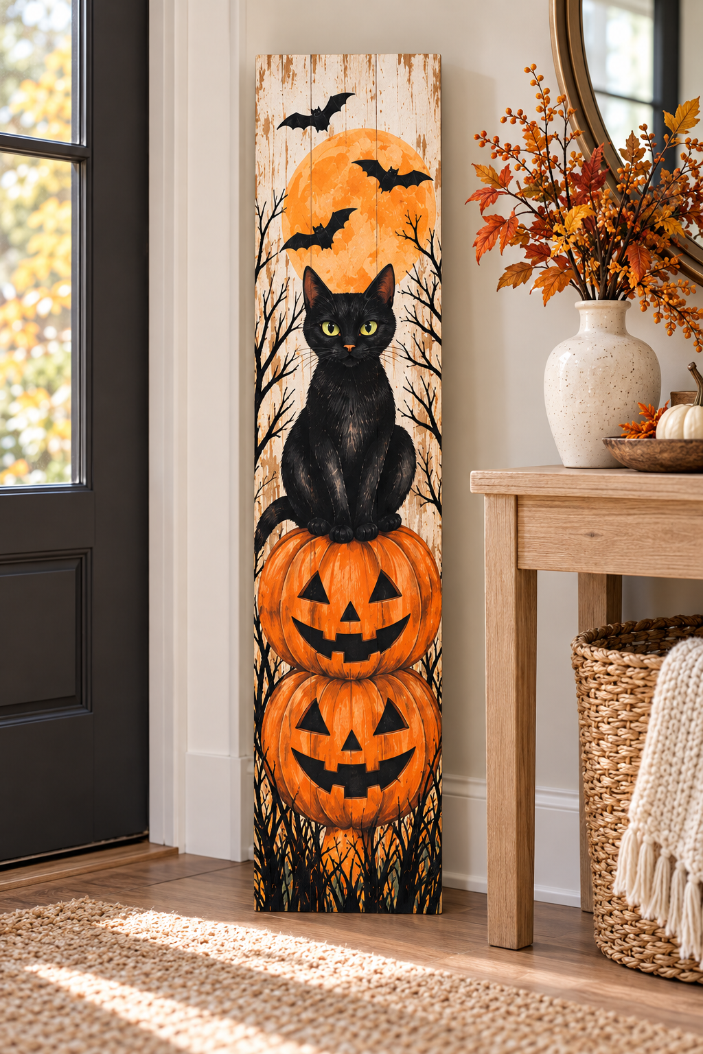 Black Cat and Stacked Pumpkins Halloween porch board entryway lifestyle