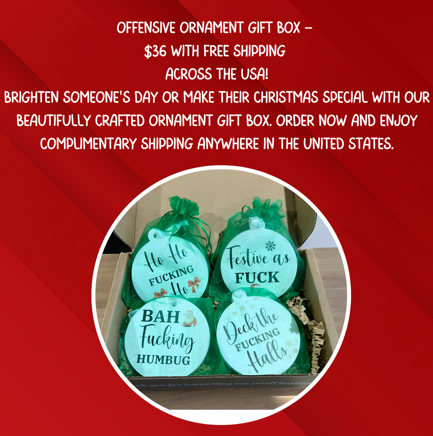 Set of 4 Offensive Funny Ornaments – F Word Gift Box with Curse Words, Warning - Not Your Grandma's Ornaments