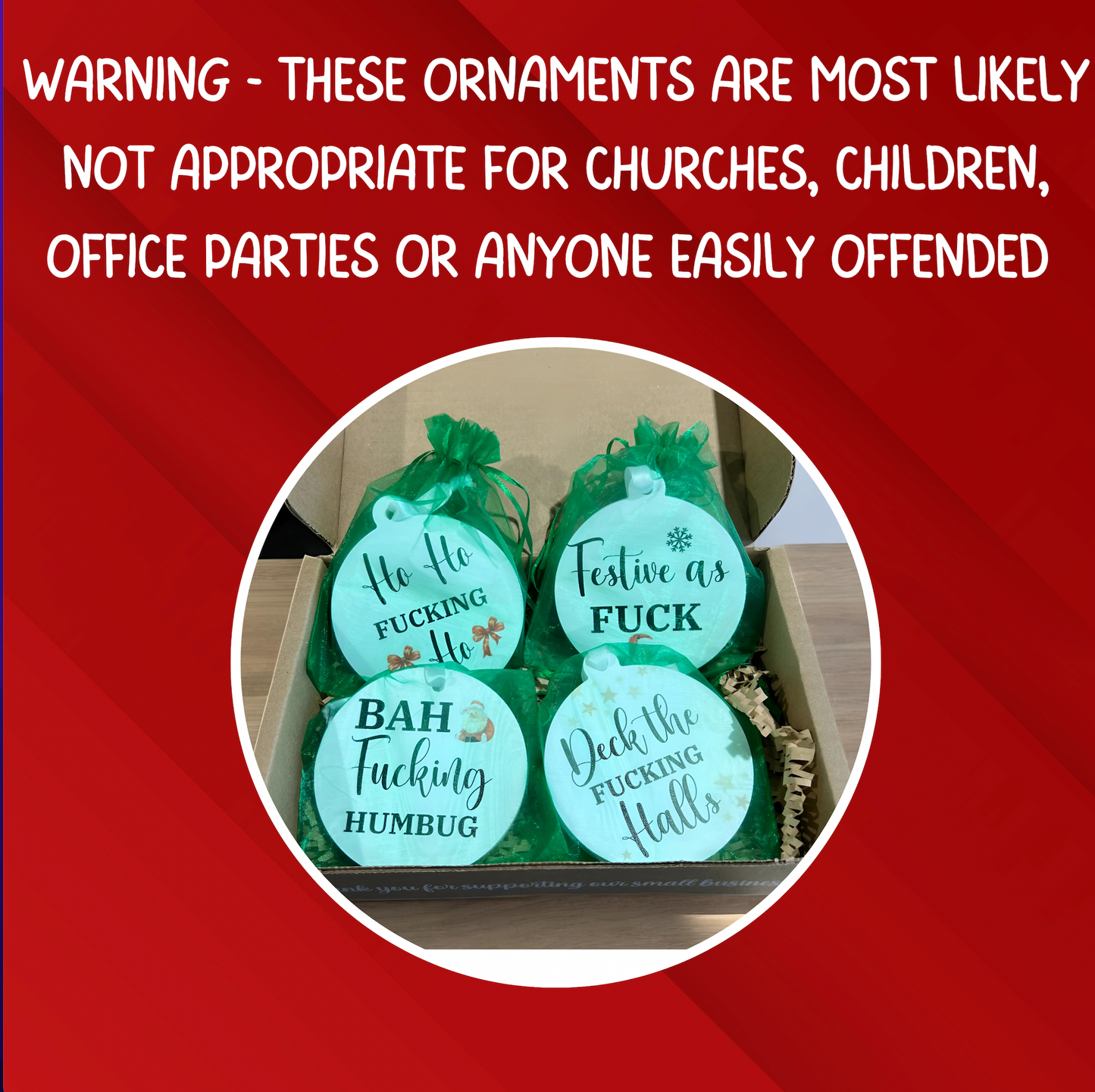 Set of 4 Offensive Funny Ornaments – F Word Gift Box with Curse Words, Warning - Not Your Grandma's Ornaments