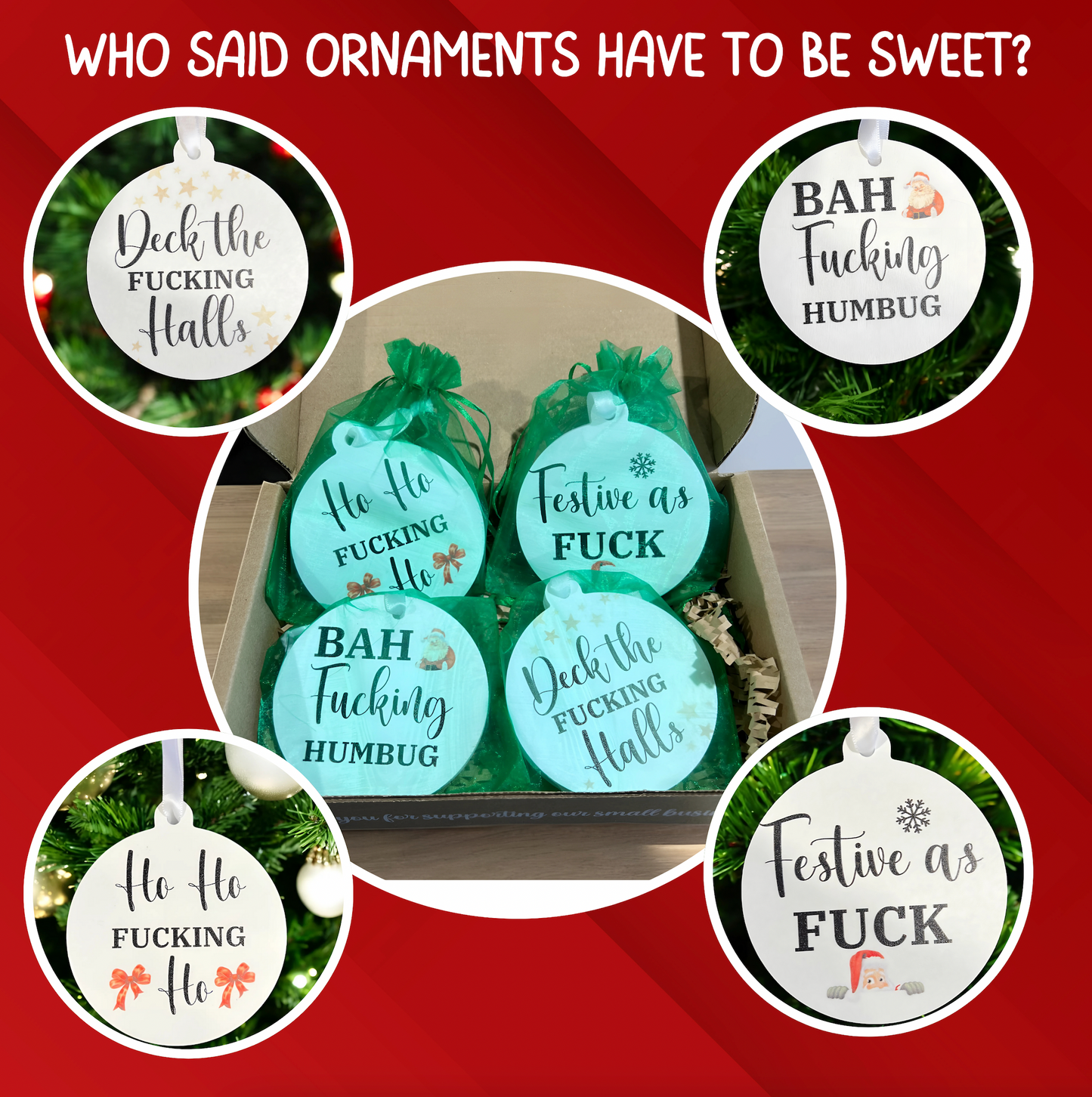 Set of 4 Offensive Funny Ornaments – F Word Gift Box with Curse Words, Warning - Not Your Grandma's Ornaments