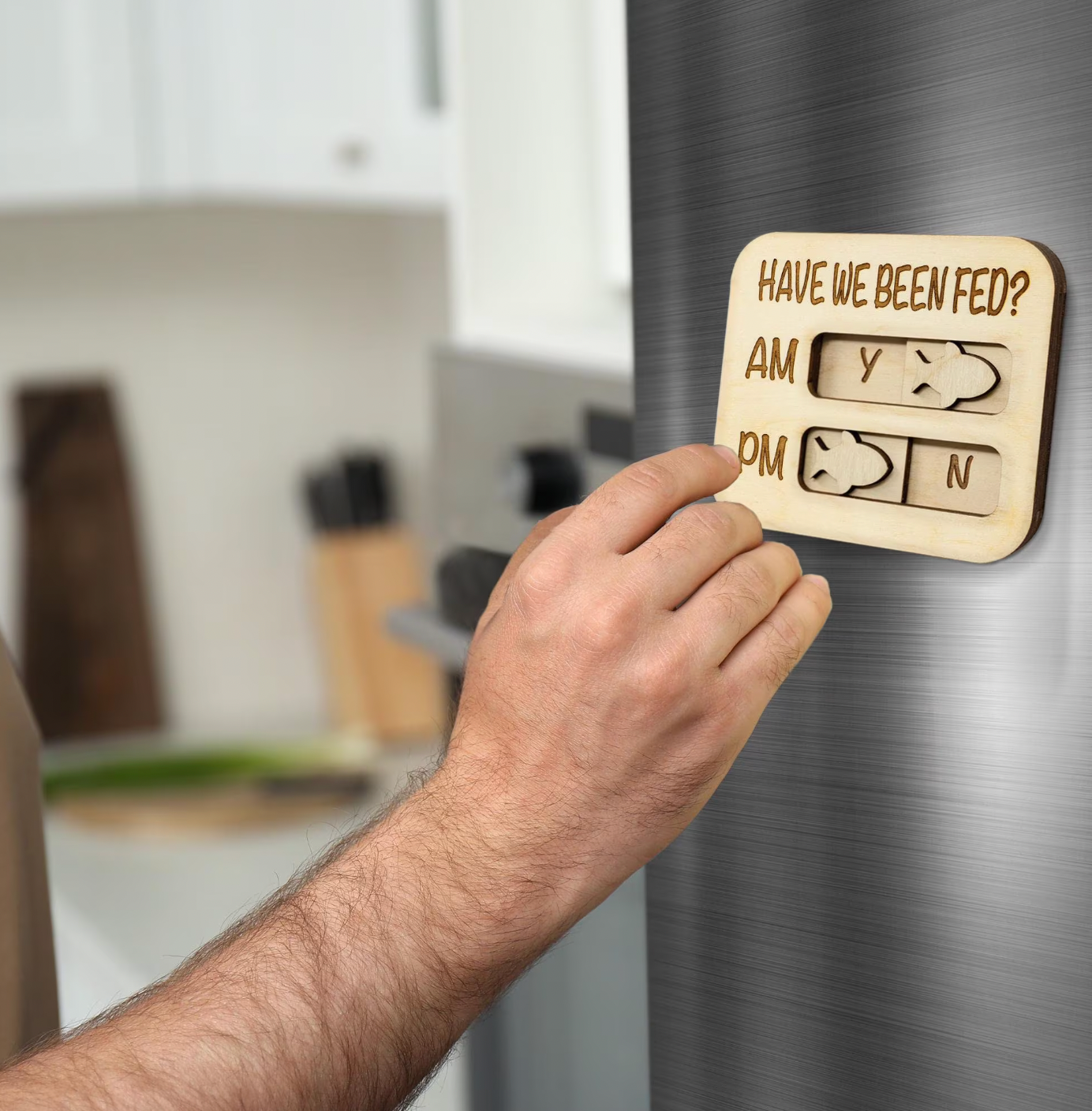 Cat Feeding Reminder Magnet, Have We Been Fed, Cat Feeding Tracker AM PM, Feed the Cat, Wooden Reminder Slider for Fridge