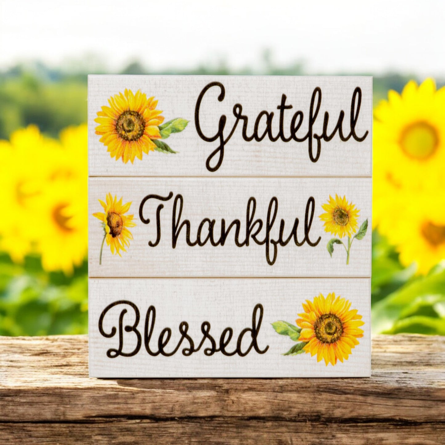 Thankful Grateful Blessed Sunflower Decor Blocks - Set of 3 for Mantel, Tiered Tray, or Table Display