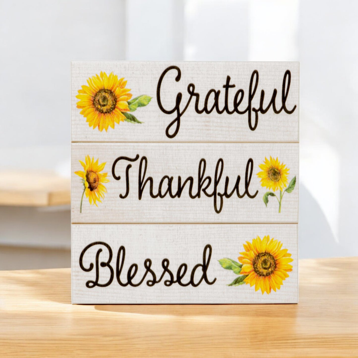Thankful Grateful Blessed Sunflower Decor Blocks - Set of 3 for Mantel, Tiered Tray, or Table Display