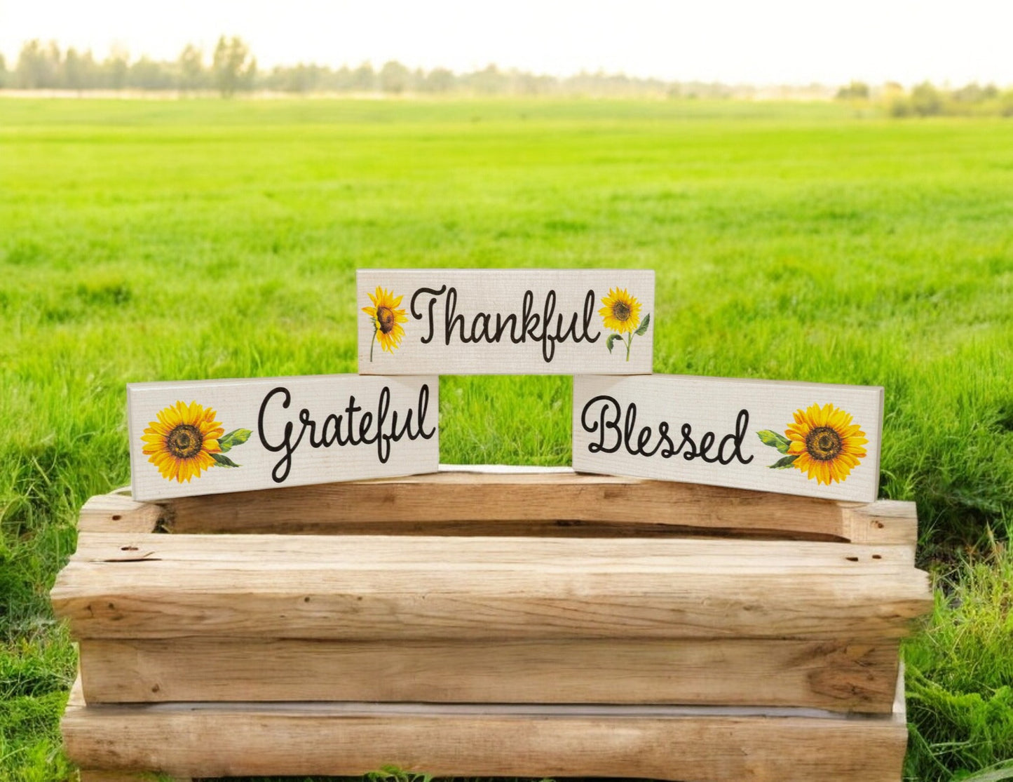 Thankful Grateful Blessed Sunflower Decor Blocks - Set of 3 for Mantel, Tiered Tray, or Table Display