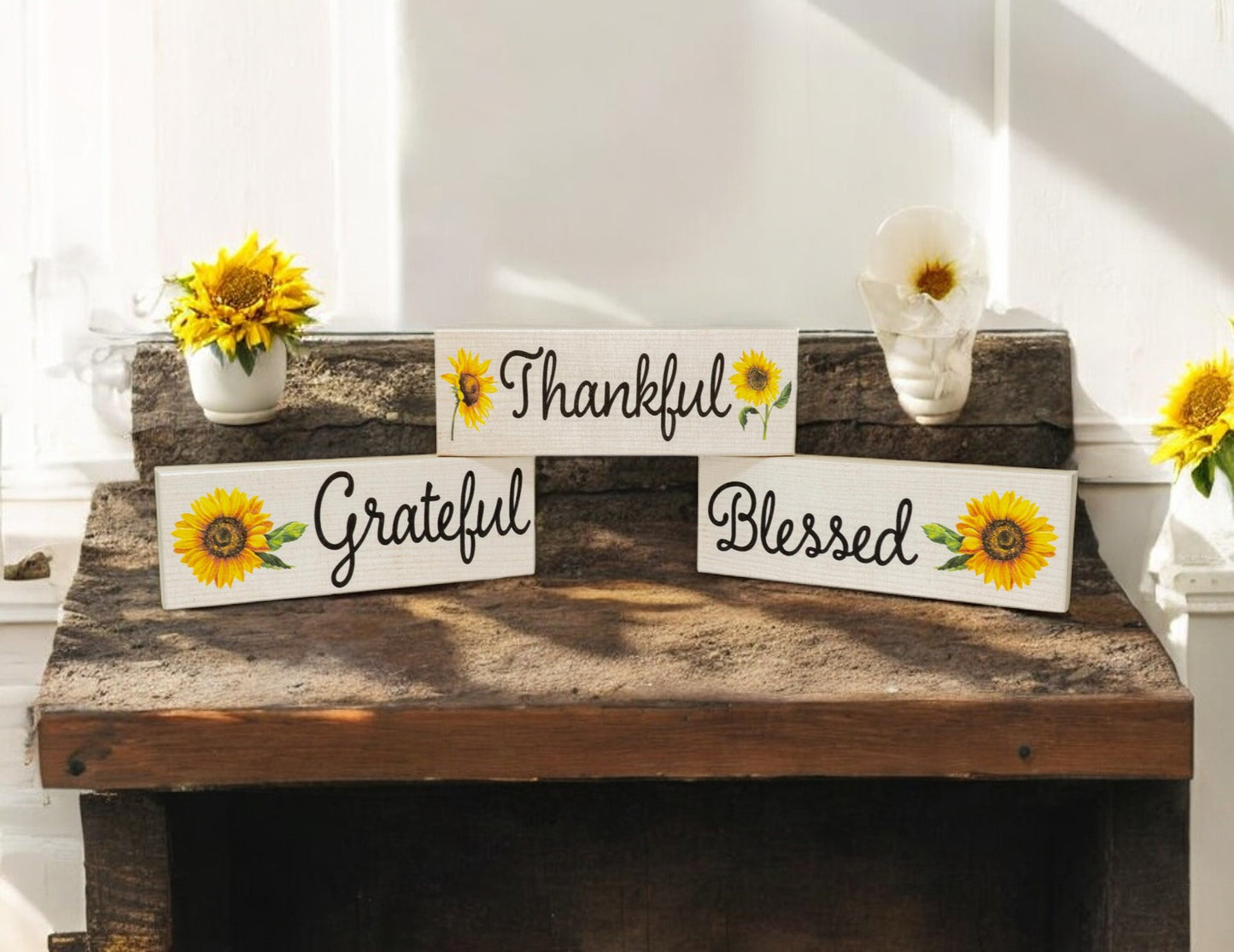Thankful Grateful Blessed Sunflower Decor Blocks - Set of 3 for Mantel, Tiered Tray, or Table Display