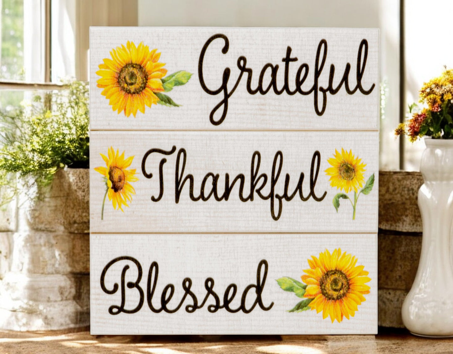Thankful Grateful Blessed Sunflower Decor Blocks - Set of 3 for Mantel, Tiered Tray, or Table Display