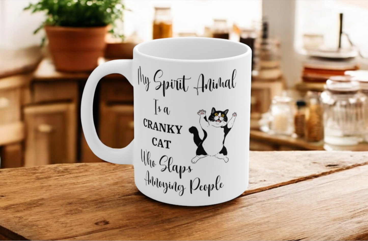 Funny Cat Lover Gift, Cat Mug, My Spirit Animal is a Cranky Cat Who Slaps Annoying People, Funny Cat Coffee Mug