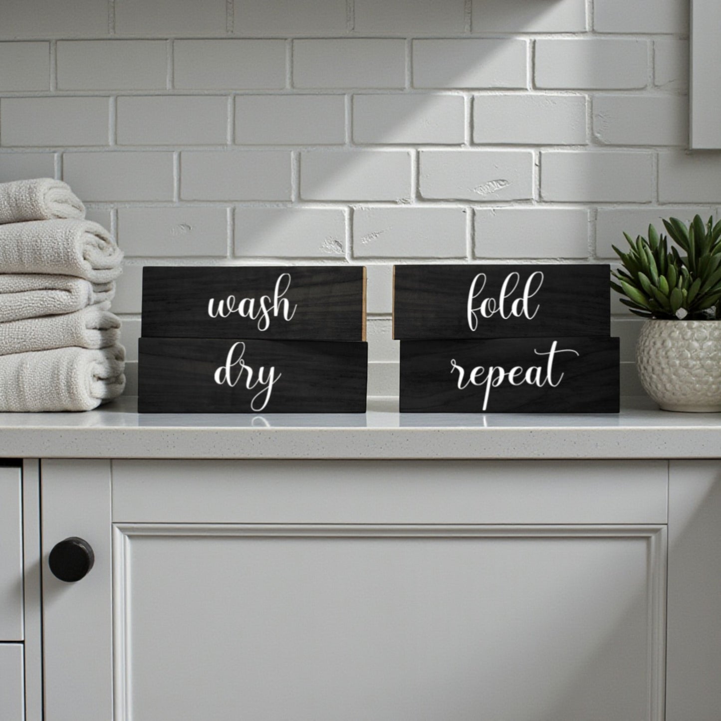 Laundry Signs, Wash Dry Fold Repeat Set Of 4 Wooden Blocks