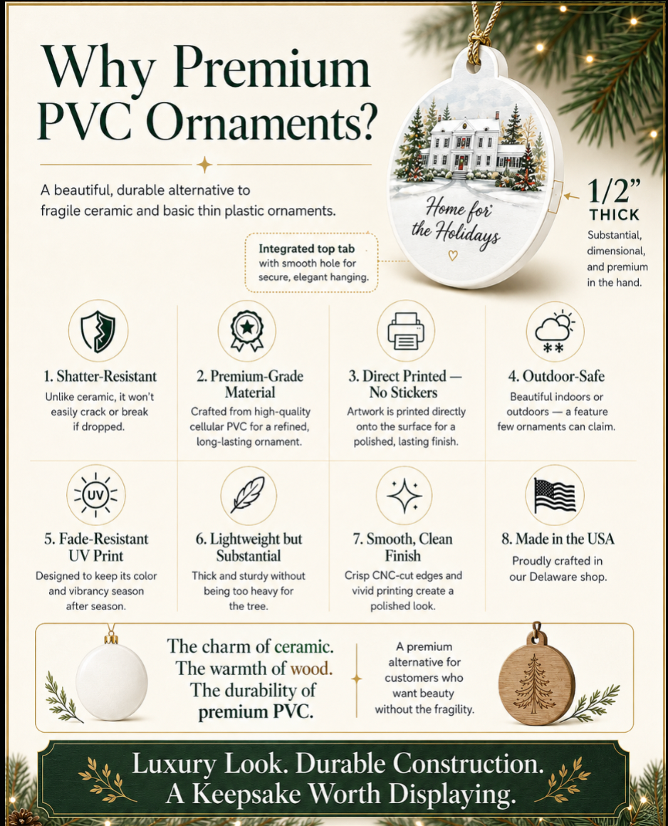Infographic explaining the premium PVC ornament features