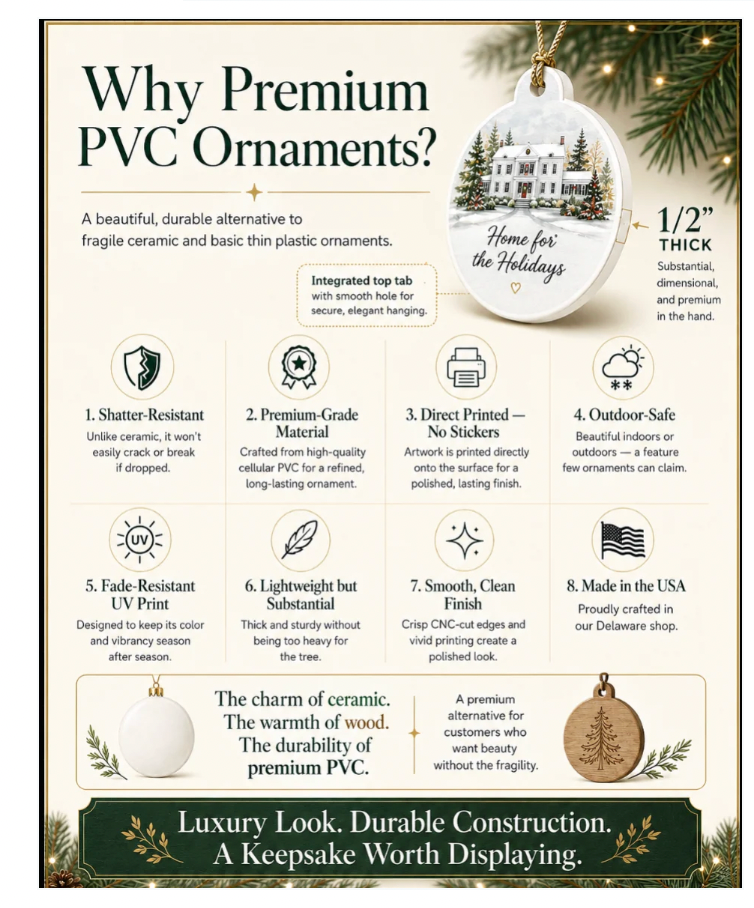 Premium PVC ornament material and construction infographic.