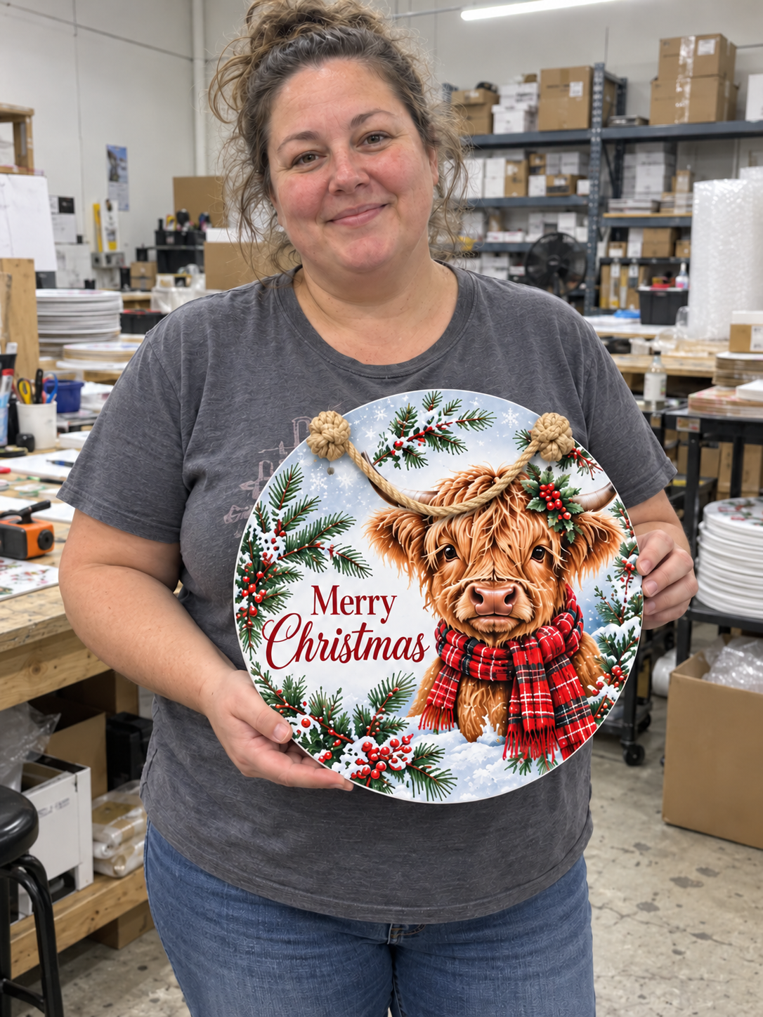 Christmas Highland Cow Round PVC Christmas Door Hanger 15.75 Inch