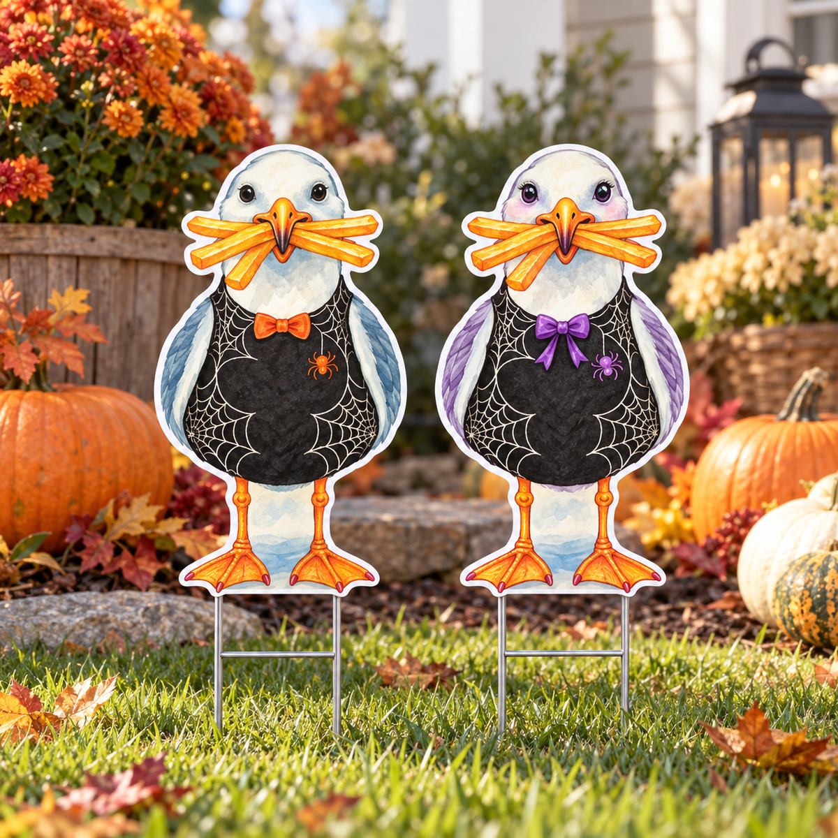 Spiderweb Coastal Beach Decorations and Yard Signs, Set of 2, Fall and Halloween, 12 Inch PVC Sully & Sally