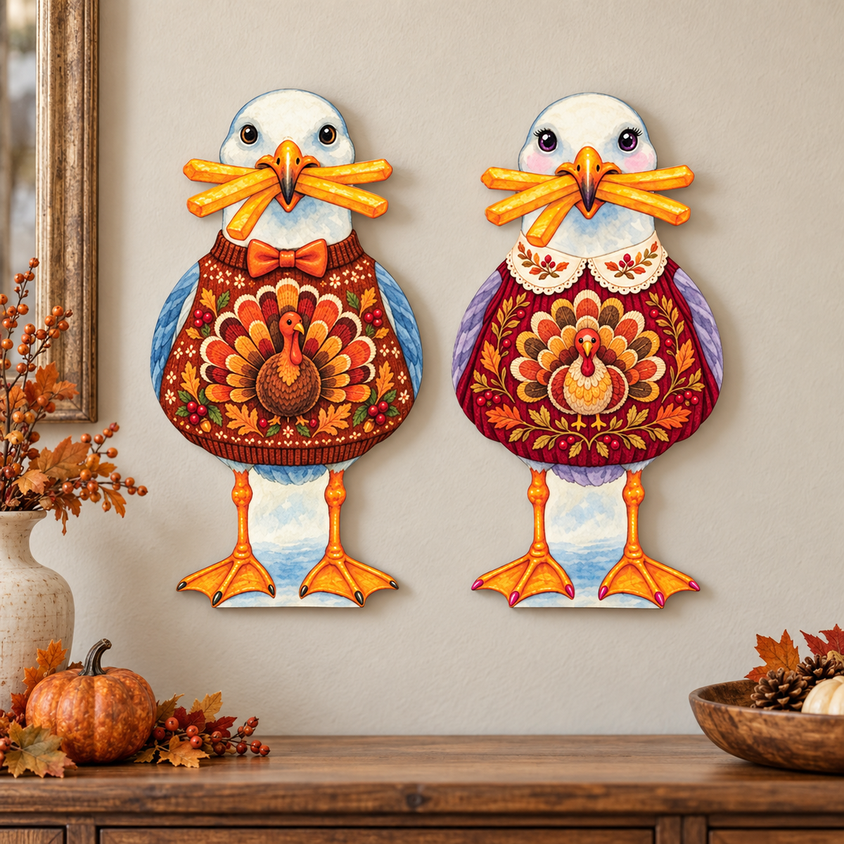 Thanksgiving Turkey Beach Decor, Set of 2, Coastal Yard Signs, 12 Inch PVC Sully & Sally Seagulls