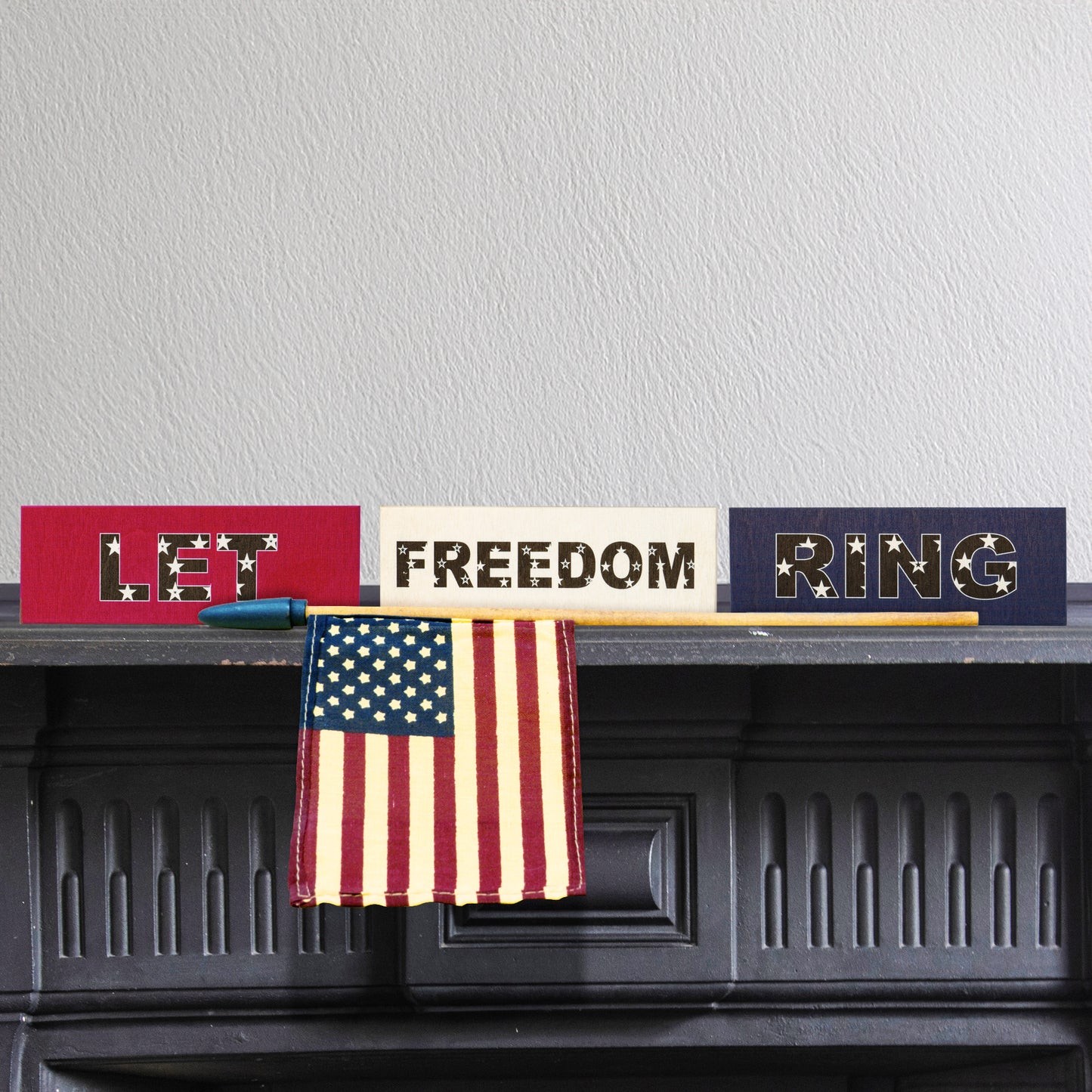 JennyGems Let Freedom Ring Wooden Block Signs 3pc, Patriotic Tiered Tray Decor, 4th of July Decorations, Memorial Day, Red White Blue, Made in USA