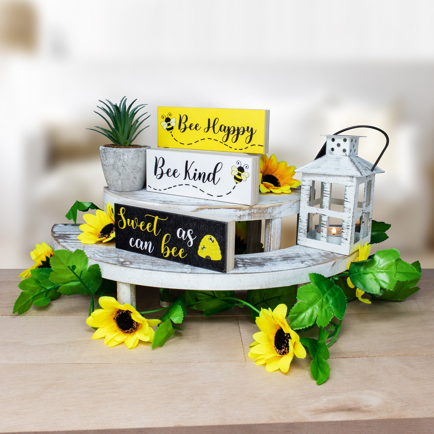 JennyGems Bee Decor, Spring Farmhouse Accents, Bee Happy Kind Sweet, 3pc Wooden Block Set, Tiered Tray, Mantel Decorations, Made in USA