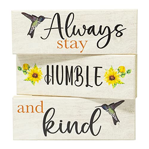 JennyGems Sunflower Decor, Always Stay Humble and Kind Wooden Block Signs, Tiered Tray Spring Decoration, Made in USA
