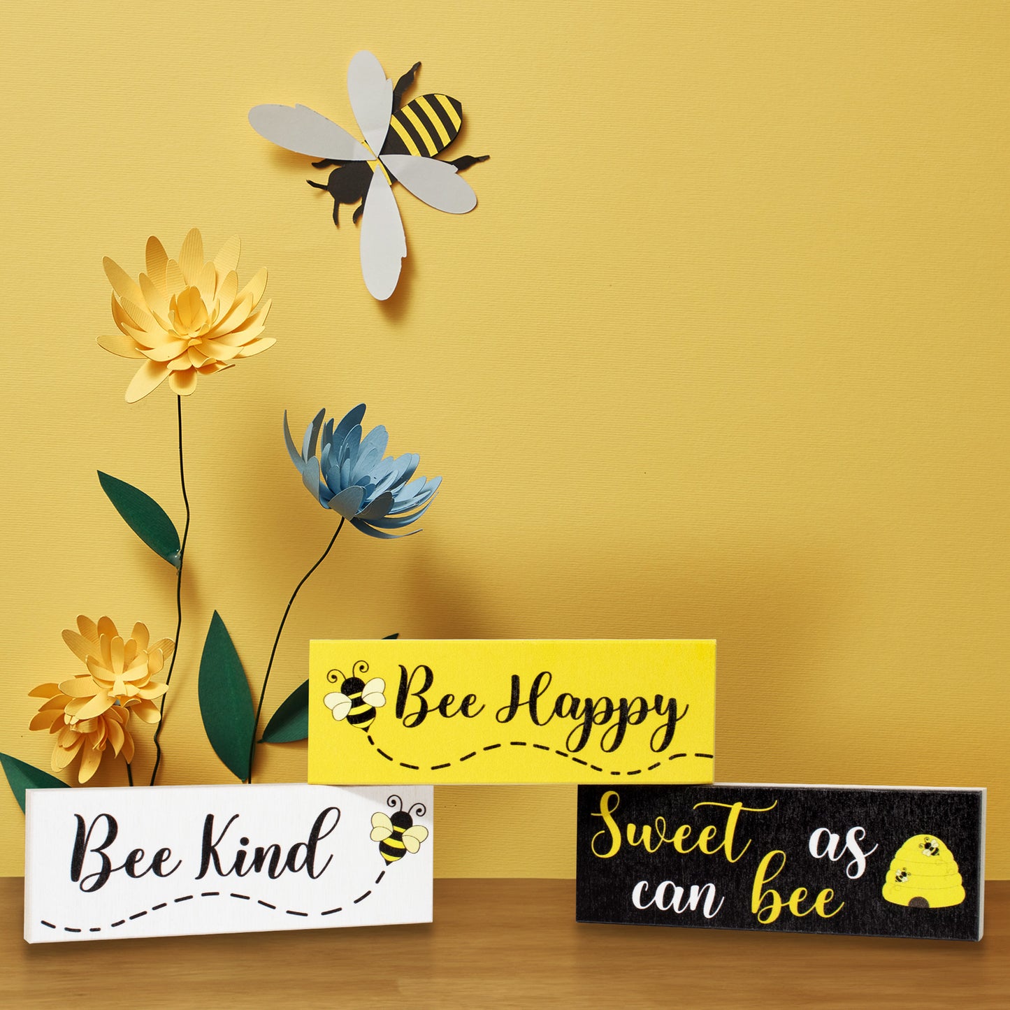 JennyGems Bee Decor, Spring Farmhouse Accents, Bee Happy Kind Sweet, 3pc Wooden Block Set, Tiered Tray, Mantel Decorations, Made in USA