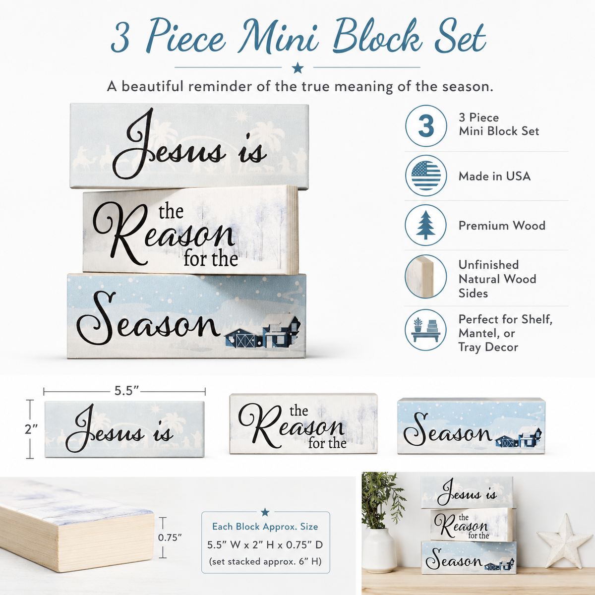 Jesus Is the Reason for the Season Mini Wood Block Signs, Christmas Decorations, Tiered Tray Decor, Holiday Decor, Christmas Nativity Signs