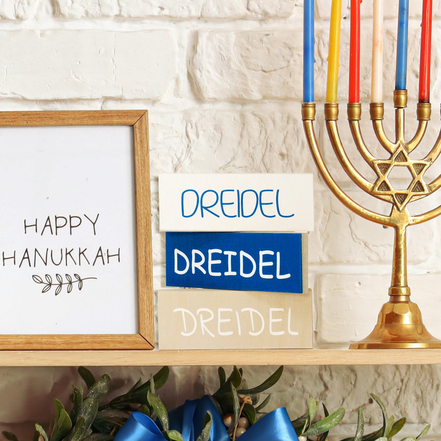 JennyGems Hanukkah Decorations, Dreidel Dreidel Dreidel 3pc Mini Wooden Block Set, Tiered Tray Decor, Dreidel Decor, Made in USA