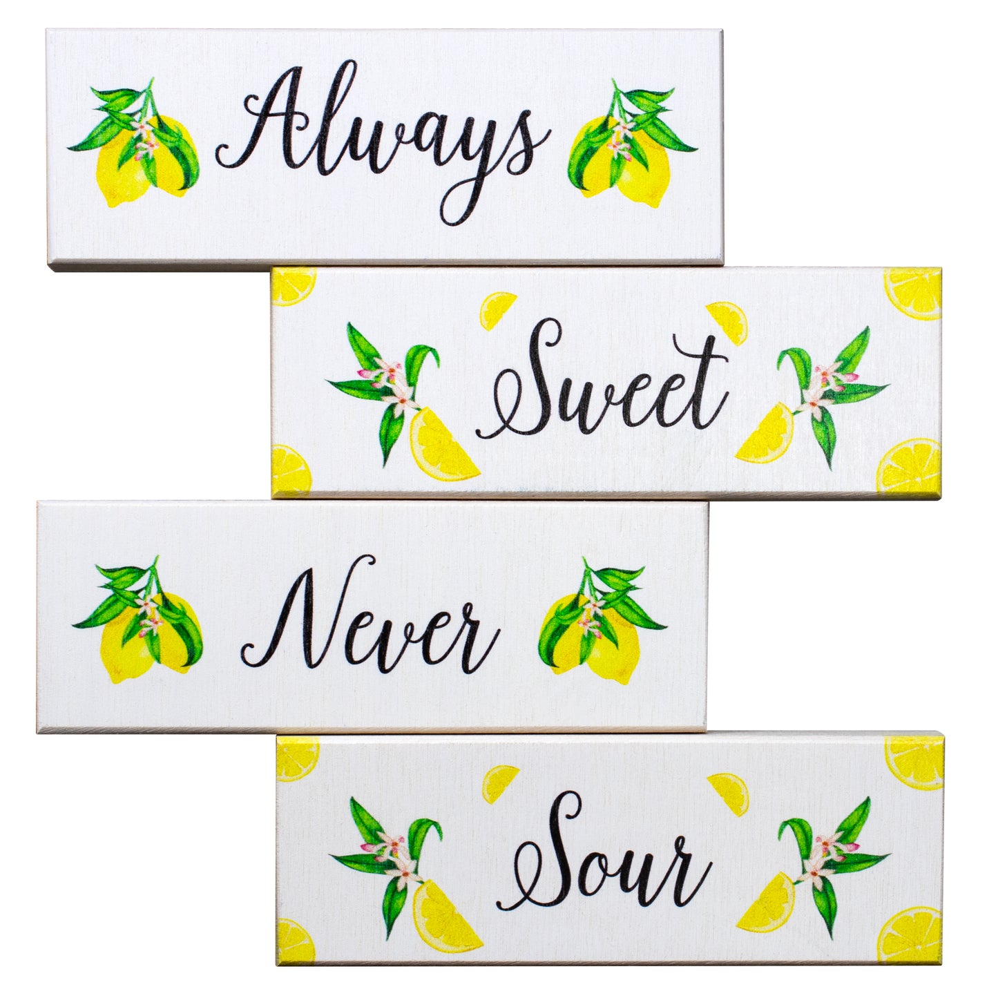 JennyGems Always Sweet Never Sour Lemon Wooden Signs for Tiered Tray Shelf or Table, Lemon Kitchen Decor, Made in USA