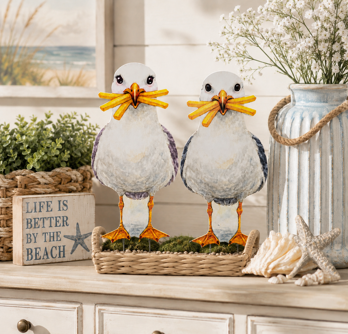 Sully & Sally Seagull Yard Signs, Set of 2, Coastal Garden Decor, 12 Inch PVC