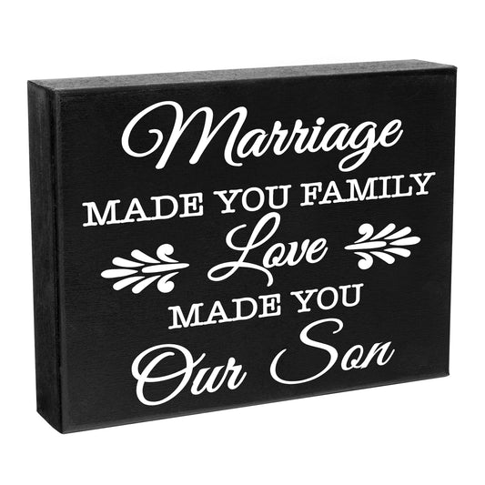 JennyGems Son in Law Gifts From Mother in Law, Son-in-Law Gift Sign Decor Plaque, 8x6 Inch Wood Sign, Marriage Made You Family Love Made You Our Son, Best Son-in-Law Gift Sign