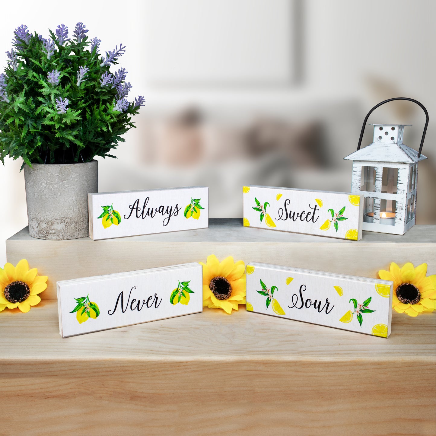 JennyGems Always Sweet Never Sour Lemon Wooden Signs for Tiered Tray Shelf or Table, Lemon Kitchen Decor, Made in USA