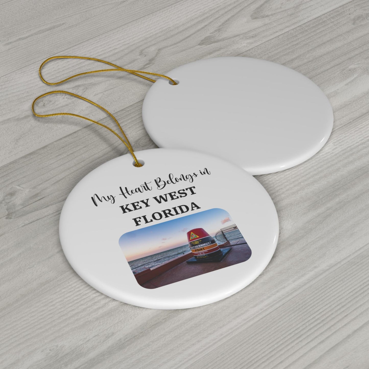 My Heart Belongs in Key West Ceramic Ornament, Iconic Marker Photo, Florida Souvenir, Key West Christmas Decoration, Vacation Memory Gift