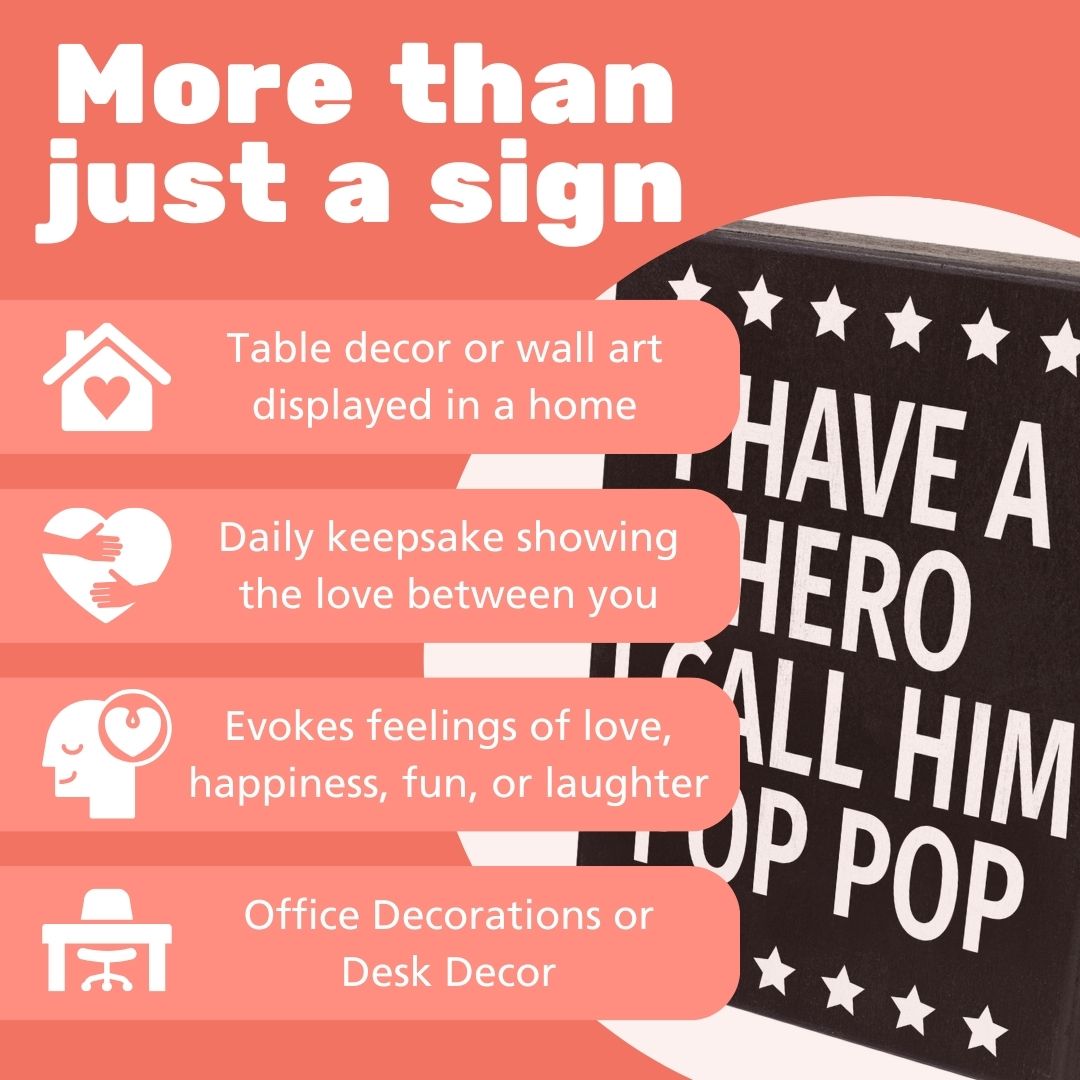 JennyGems Pop Pop Gifts from Grandson Granddaughter, Gifts for Pop Pop, I Have A Hero I Call Him Pop Pop Wood Sign, Gifts for Grandpa