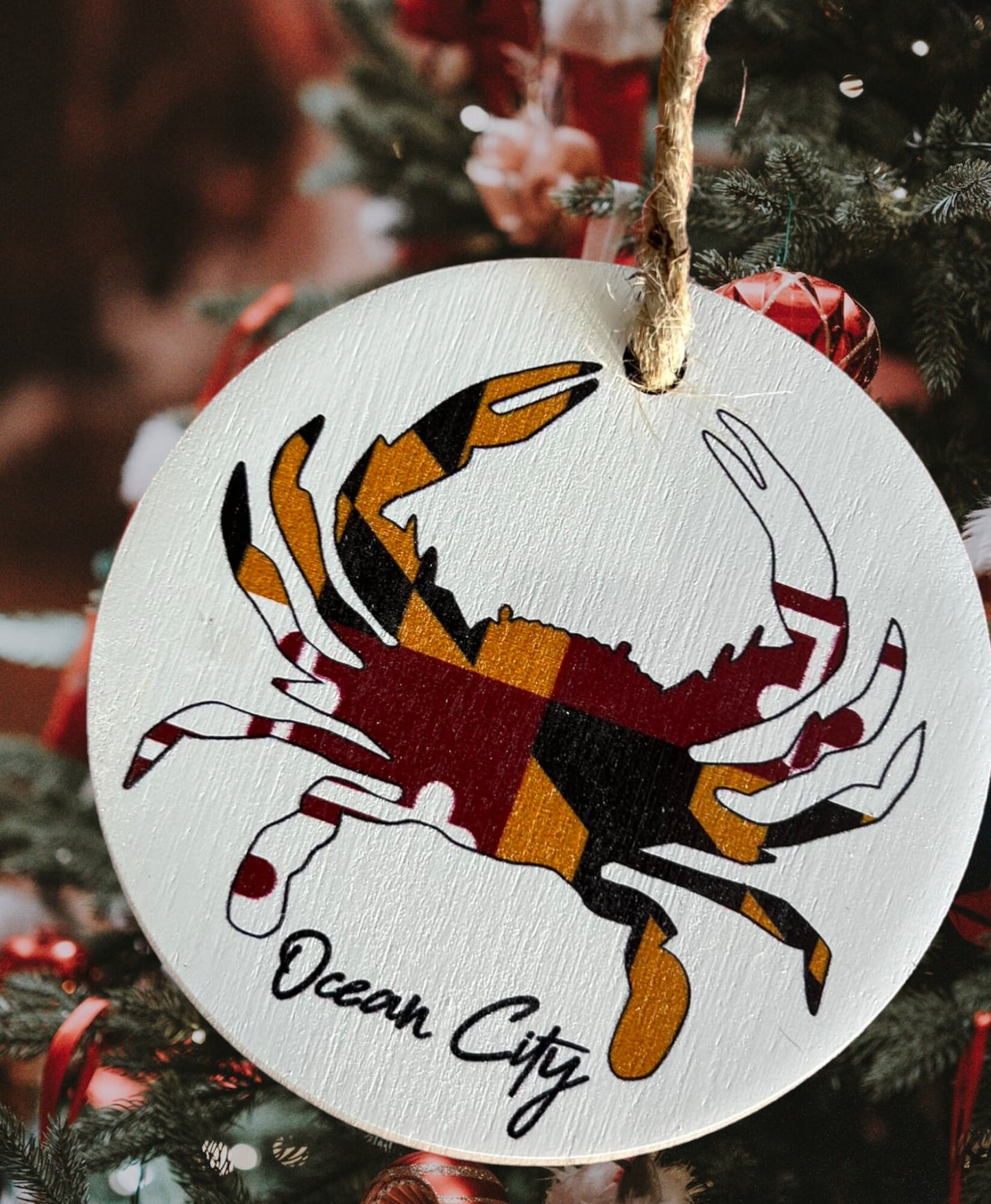 Ocean City Maryland Christmas Ornament, Wooden Maryland Ornament with Hanging String, Maryland Crab, Maryland Flag, OCMD