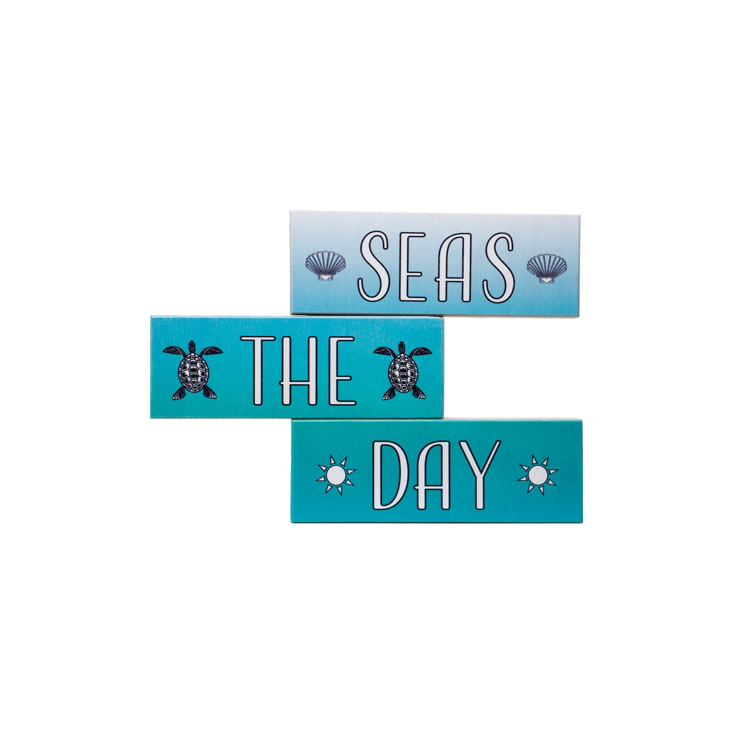 Seas the Day Coastal Wood Block Set – 3-Piece Beach Decor, Nautical Home Accent for Shelf, Desk, or Table