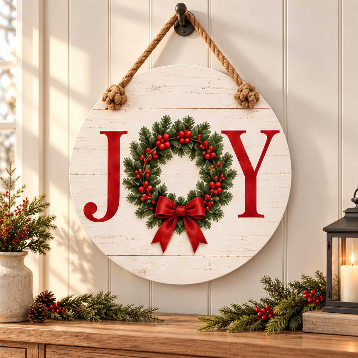 JOY Wreath Christmas 15-3/4-Inch PVC Rope Door Hanger entryway lifestyle