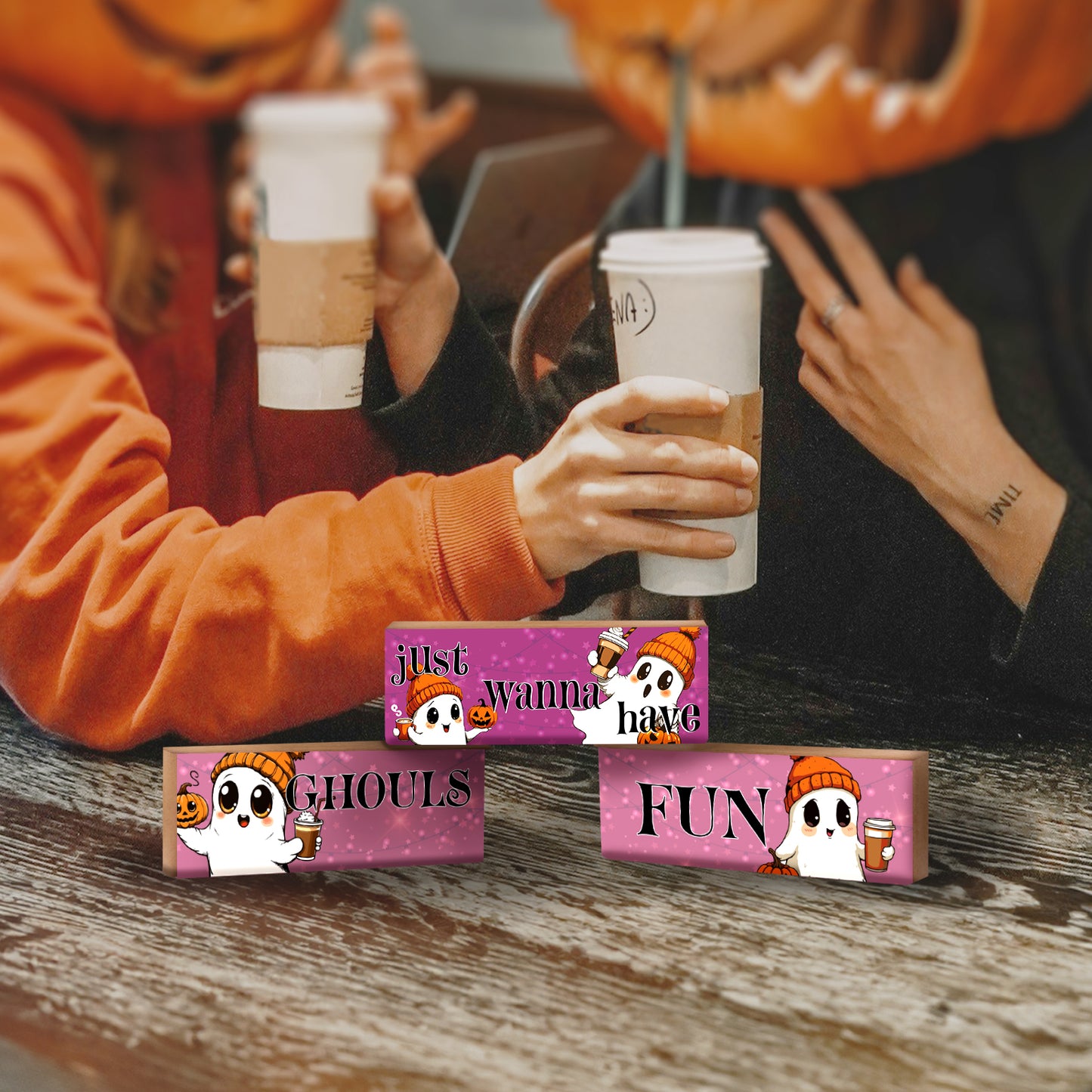 Ghouls Just Wanna Have Fun Cute Girl Ghosts Pink Pumpkin Spice Fall Decor, 3pc Halloween Wooden Block Set, Halloween Decorations