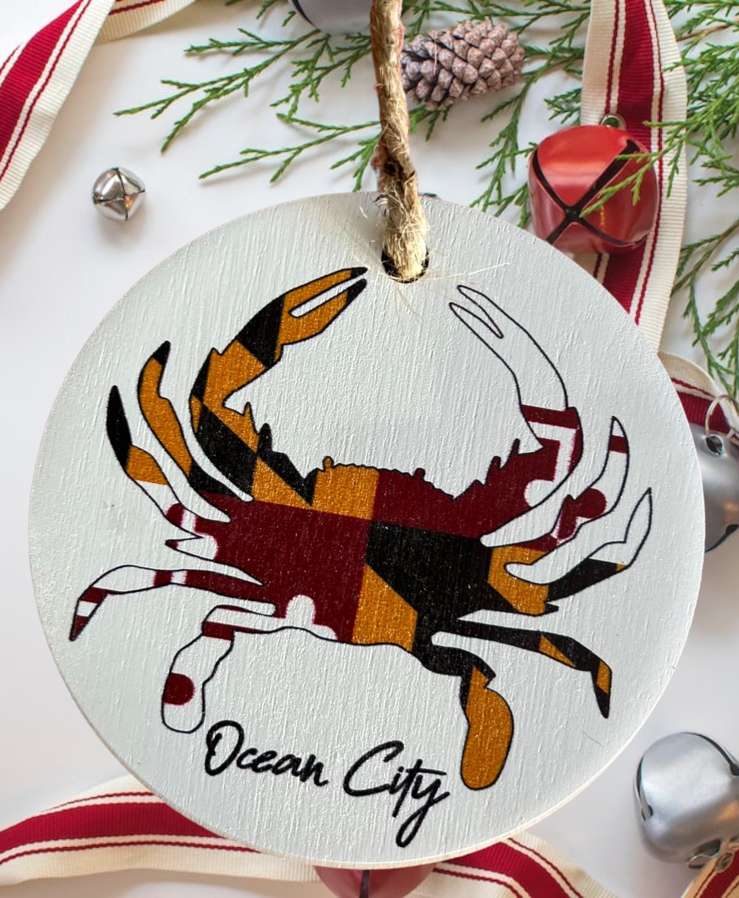 Ocean City Maryland Christmas Ornament, Wooden Maryland Ornament with Hanging String, Maryland Crab, Maryland Flag, OCMD