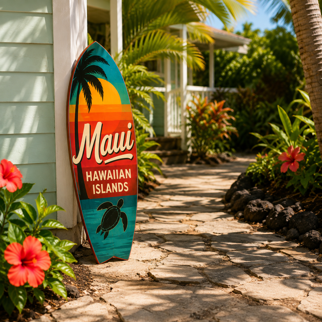 Maui Hawaiian Islands Surfboard Wall Art, Weatherproof PVC, Coastal Decor