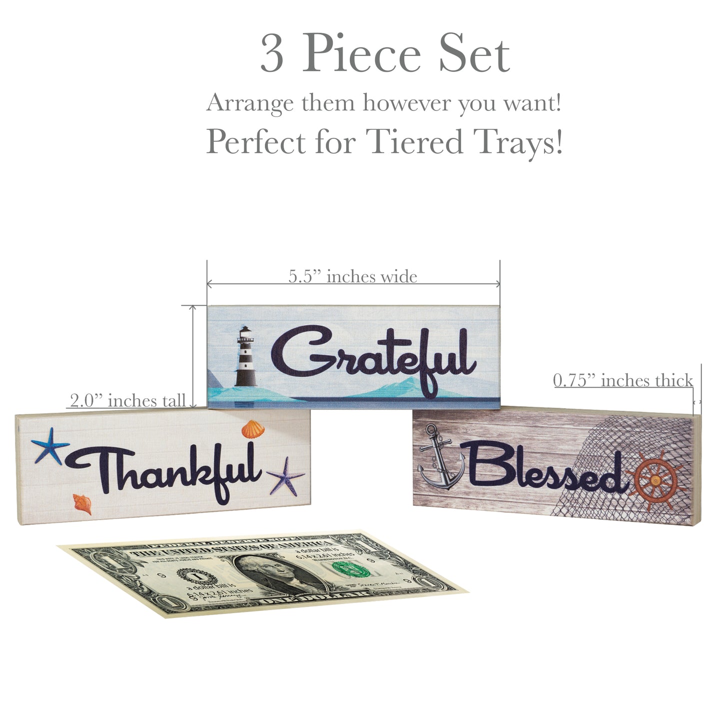 JennyGems Coastal Farmhouse Thankful Grateful Blessed Signs, Tiered Tray Decor 3 Mini Wood Block Signs, Beach House Decor, Beach Signs, Inspirational Quotes Friendship Gifts, Farmhouse Home Decor