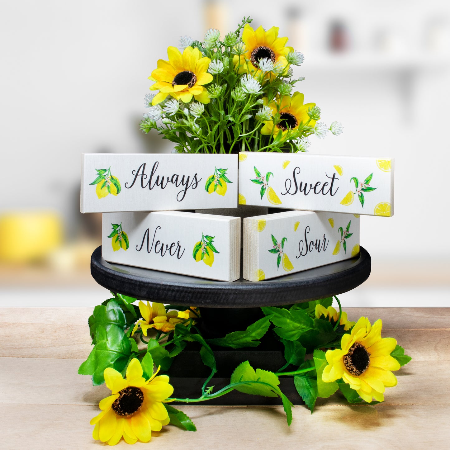 JennyGems Always Sweet Never Sour Lemon Wooden Signs for Tiered Tray Shelf or Table, Lemon Kitchen Decor, Made in USA