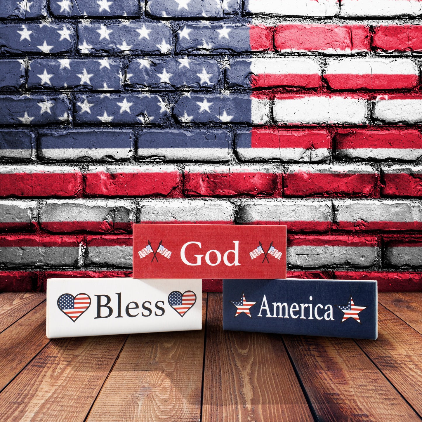 JennyGems American Pride Gifts, God Bless America Signs, Wood Blocks Set of 3, 5.5x2 in, Patriotic American Decorations, USA Tiered Tray Decor, Mantel Decor, Patriotic Home Decor, Made in USA