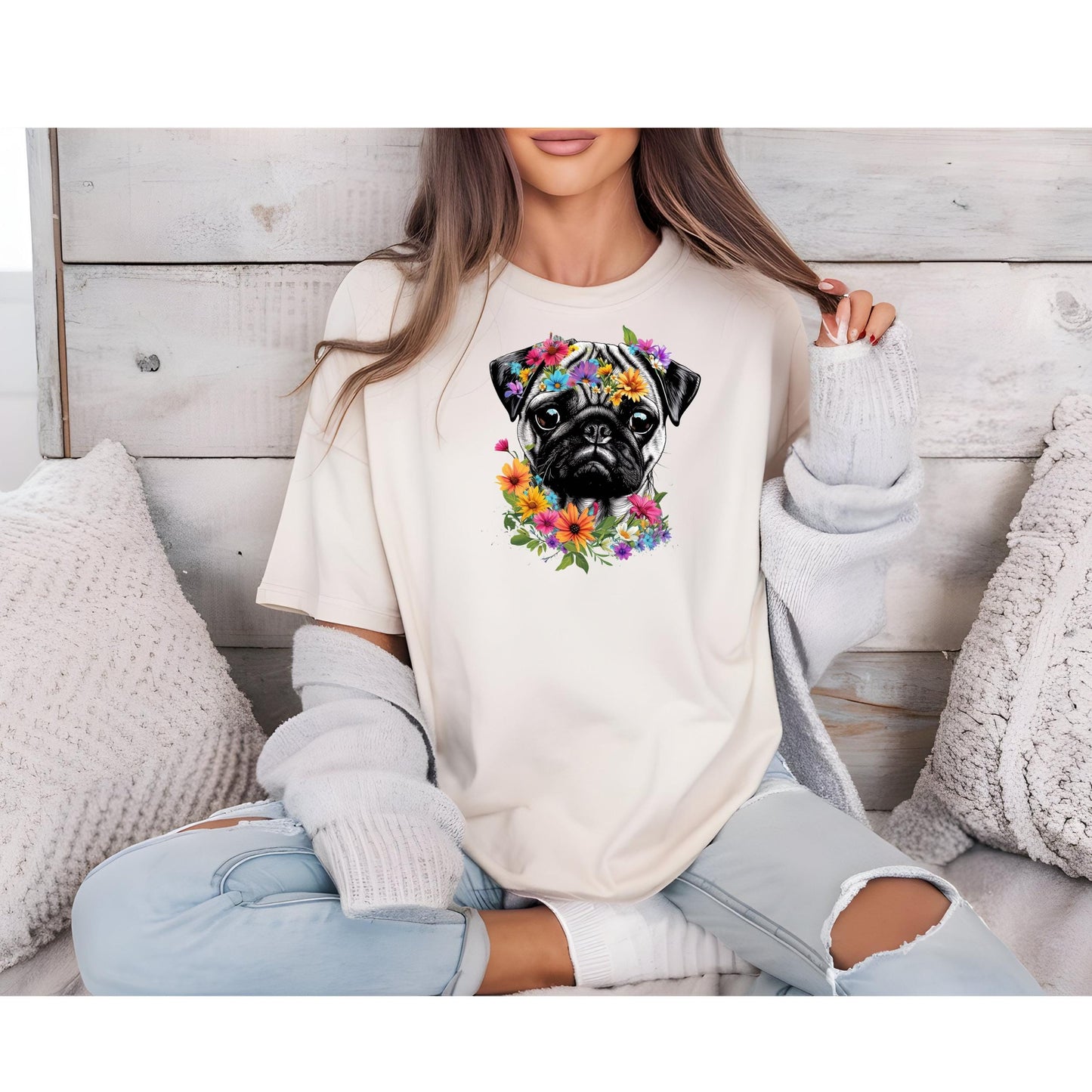 Pug Mom Gift Tshirt, Gift for Pug Lover, Pretty Floral Pug Tshirt