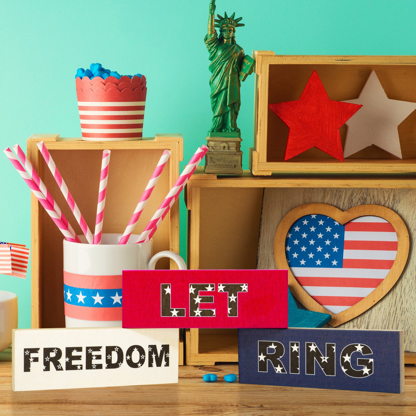 JennyGems Let Freedom Ring Wooden Block Signs 3pc, Patriotic Tiered Tray Decor, 4th of July Decorations, Memorial Day, Red White Blue, Made in USA