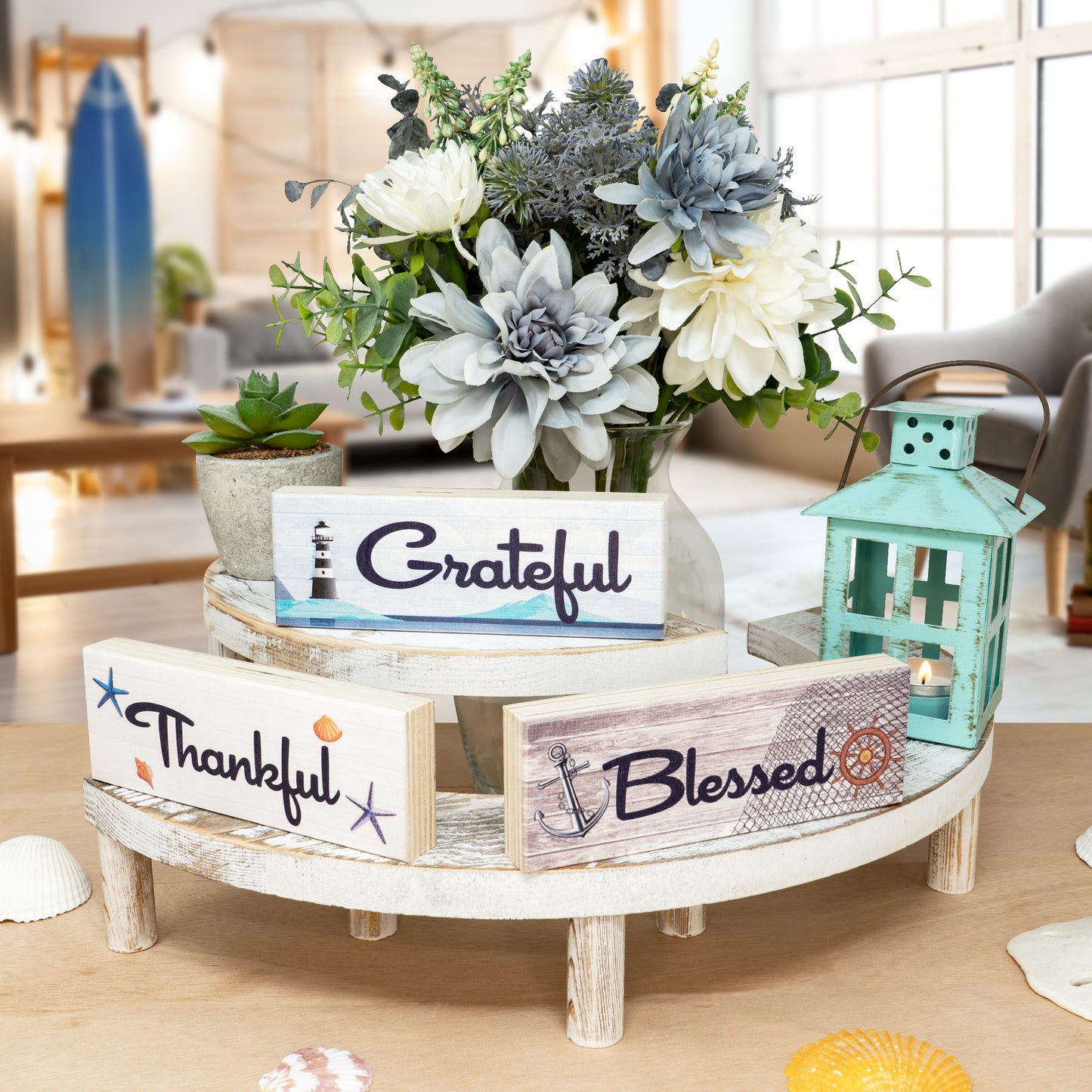 JennyGems Coastal Farmhouse Thankful Grateful Blessed Signs, Tiered Tray Decor 3 Mini Wood Block Signs, Beach House Decor, Beach Signs, Inspirational Quotes Friendship Gifts, Farmhouse Home Decor