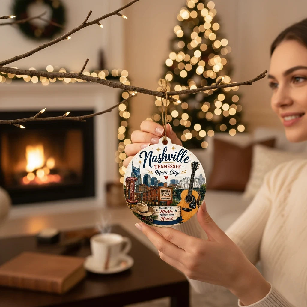 FUN HAPPY STUFF by jennygems Nashville Tennessee Christmas ornament featuring city landmarks and a guitar design.