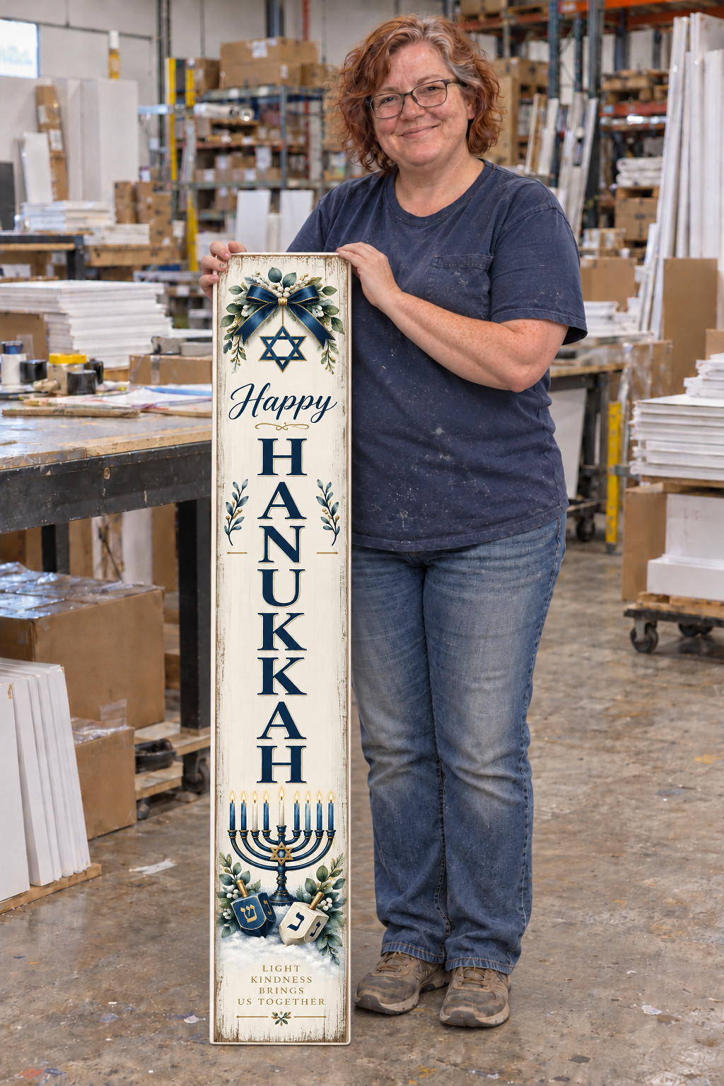 hanukkah porch board with original listing artwork composited unchanged into warehouse worker photograph