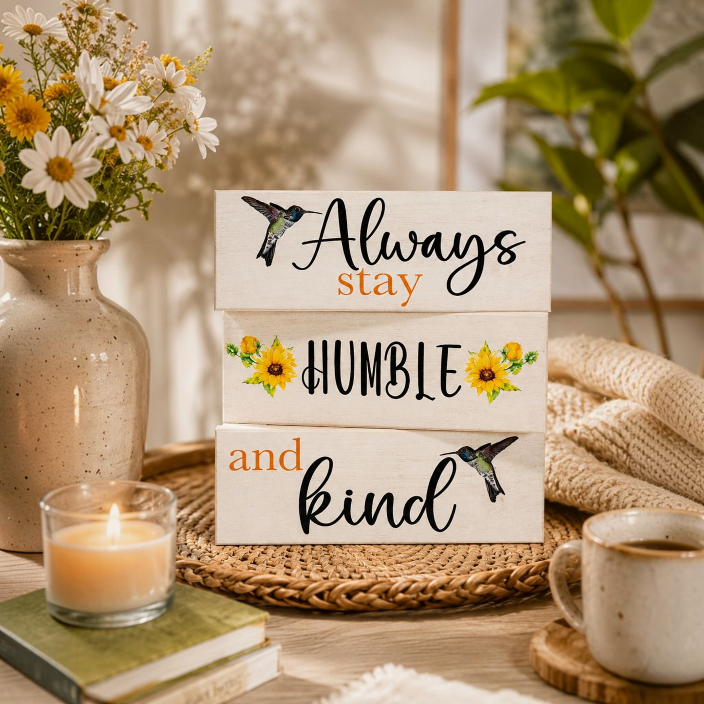 Always Stay Humble and Kind Mini Wooden Block Signs 3pc, Tiered Tray Decor, Spring Decoration, Made in USA