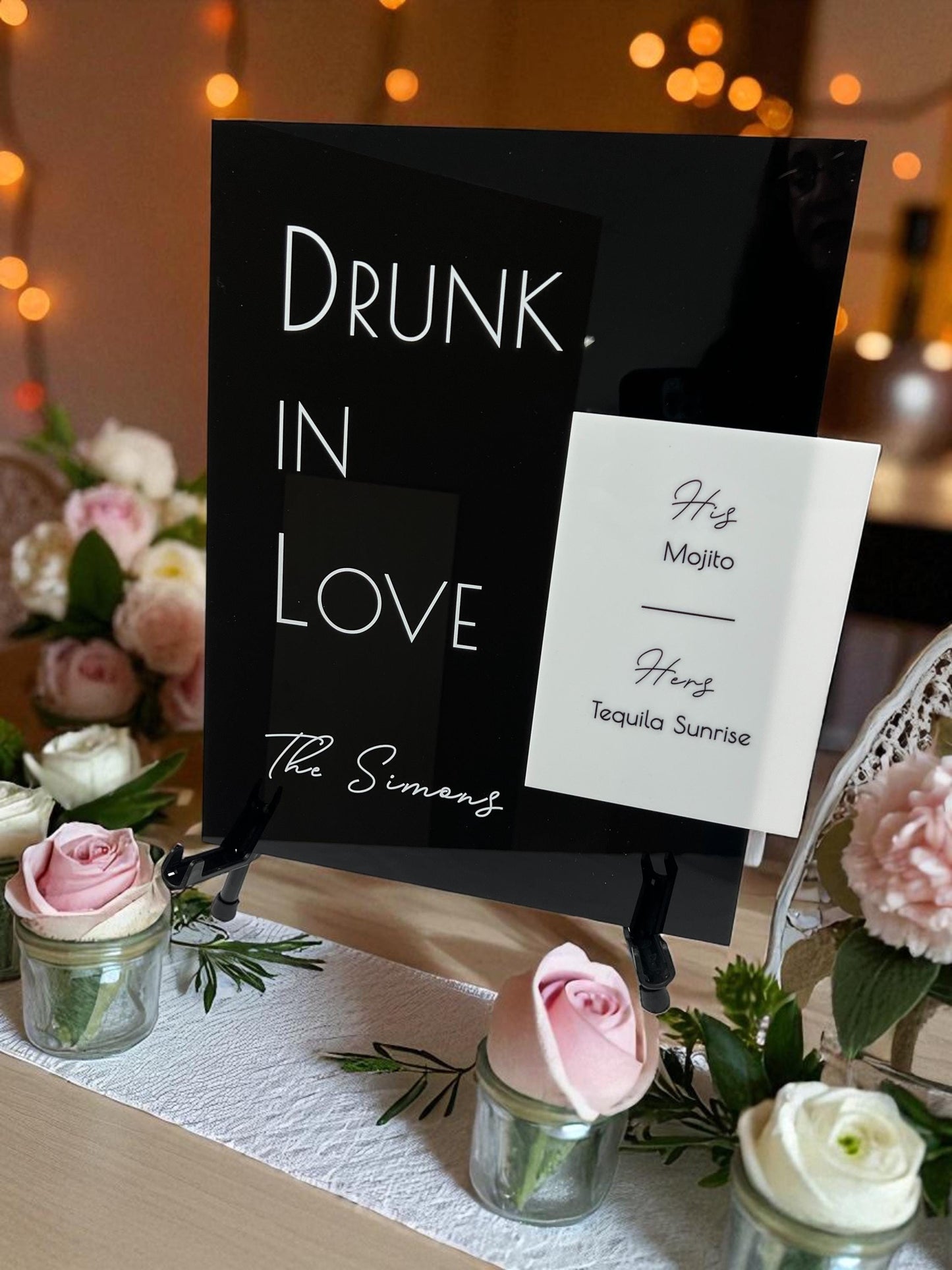 Glossy Acrylic Wedding Signature Drink Sign: 3D Minimalist Bar Menu