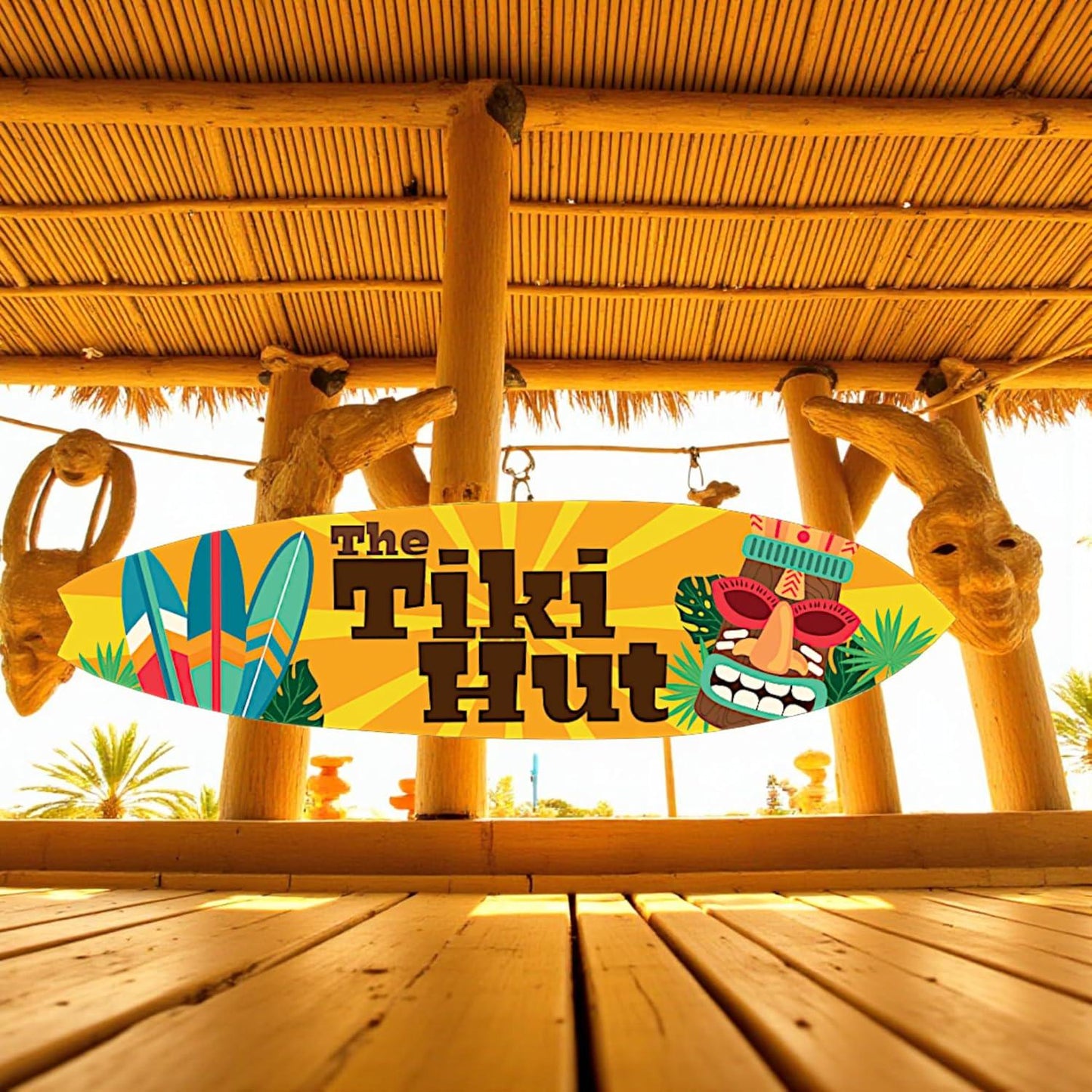 Tiki Hut Surfboard Sign: Tropical Beach Bar Wall Art