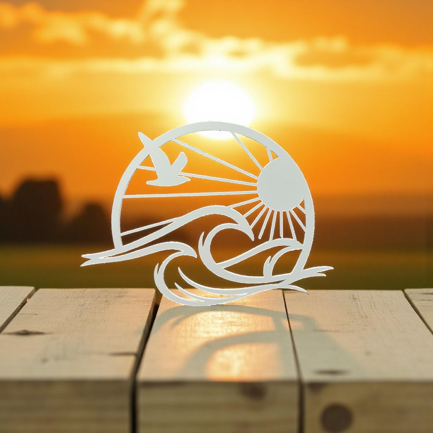 Coastal PVC Wall Art: Sun, Waves & Seagull - Beach House Decor