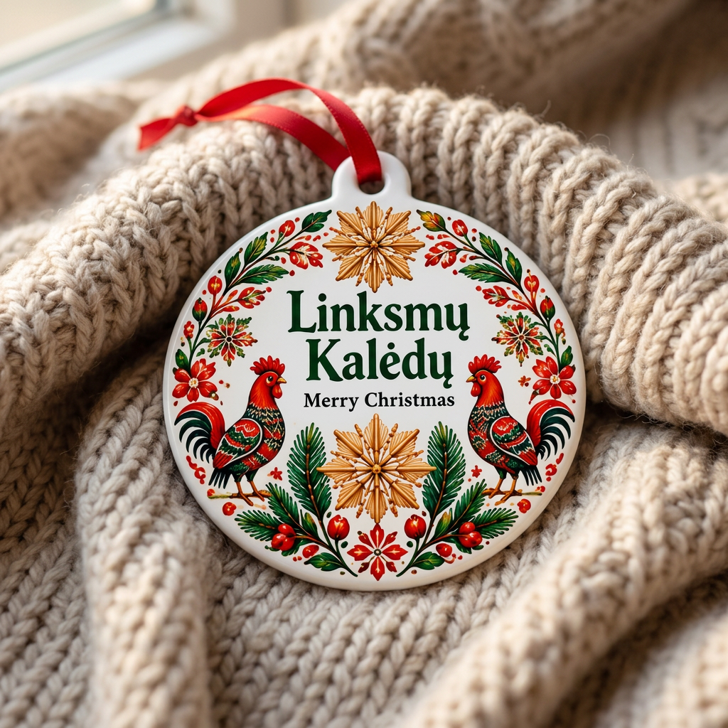 Lithuania heritage Christmas ornament resting on a cozy oatmeal knit blanket.